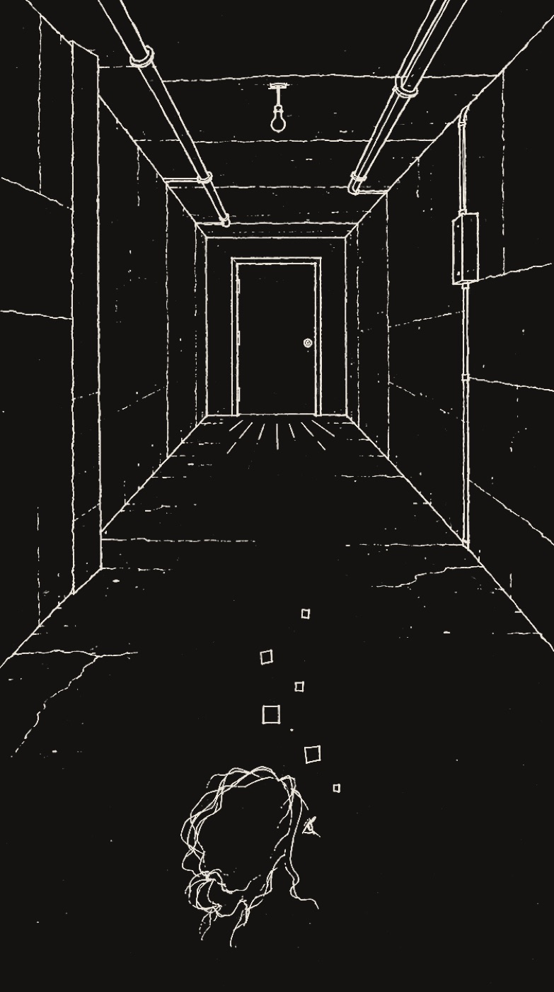 Dibujo a línea de un pasillo de subsuelo con una puerta al fondo; en primer plano, una cabeza de espaldas mira hacia la puerta.